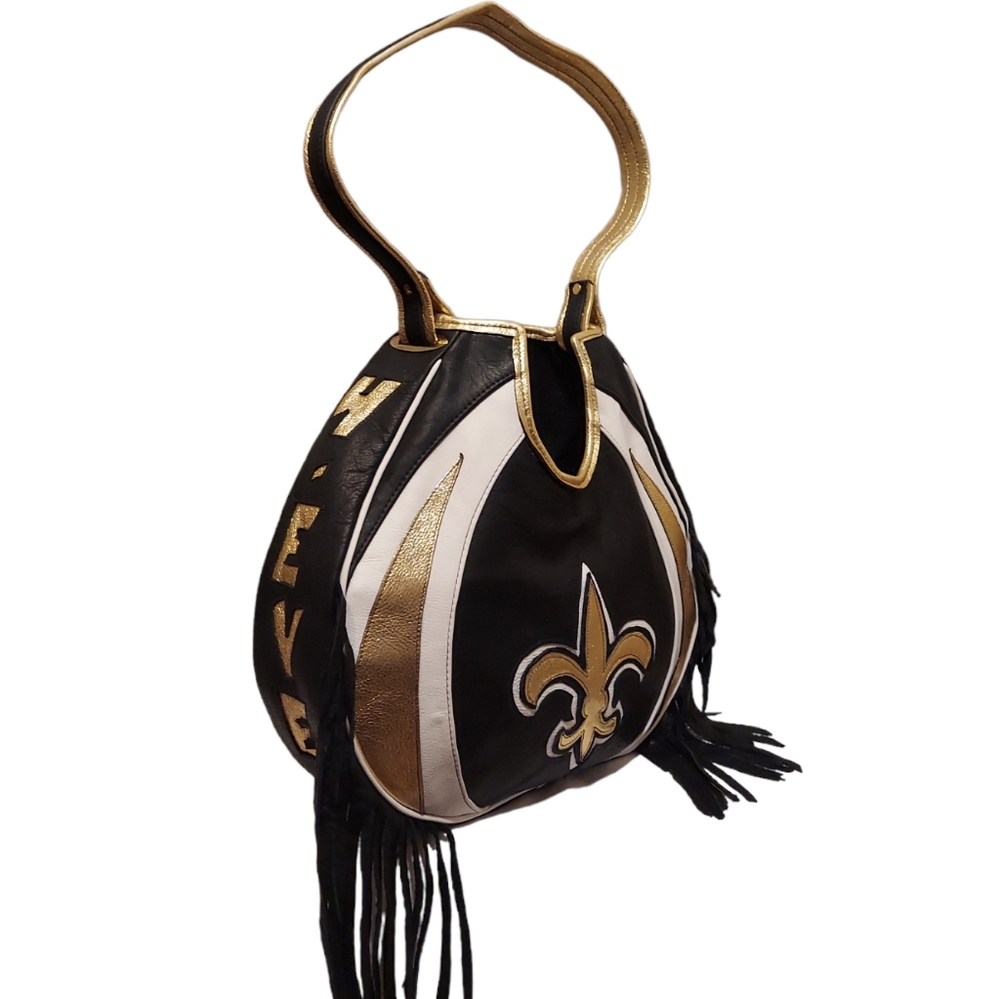 Saints Football Leather Fringe Zip Up Closure Black & Gold! Shoulder Bag! - Picture 4 of 6